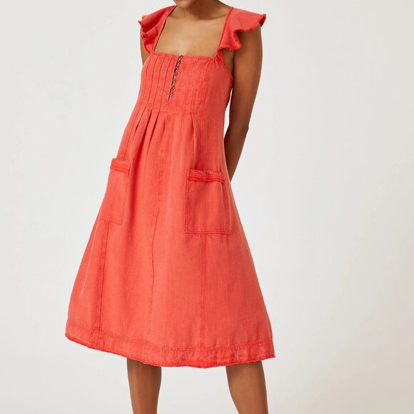 Pilcro Anthropologie Coral Flutter sleeve Linen blend Midi Dress w/pockets XS - Picture 2 of 11